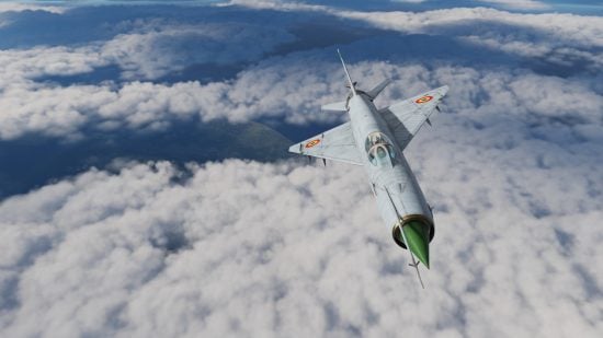 Best Combat Flight Simulators guide - Game Screenshot from DCS flight sim showing an early fighter jet in flight over the clouds