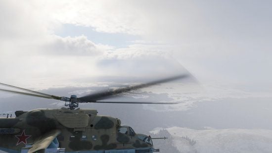 Best Combat Flight Simulators guide - Game Screenshot from DCS flight sim showing a modern Russian helicopter gunship in flight