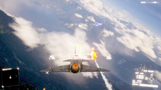 Best Combat Flight Simulators guide - Game Screenshot from Project Wingman showing a futuristic HUD behind a jet fighter shooting a missile into its target, far above a mountainous landscape