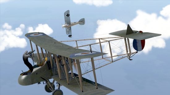 Best Combat Flight Simulators guide - Game Screenshot from Rise of Flight showing a WW1 dogfight between two biplanes - one with the gunner standing up out of the fuselage to aim a machine gun