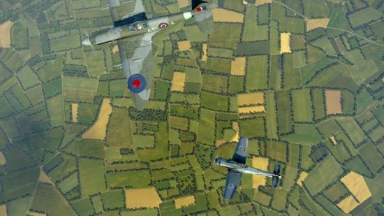 Best Combat Flight Simulators guide - Game Screenshot from War Thunder showing a Spitfire and a Messerschmitt flying above green farmland