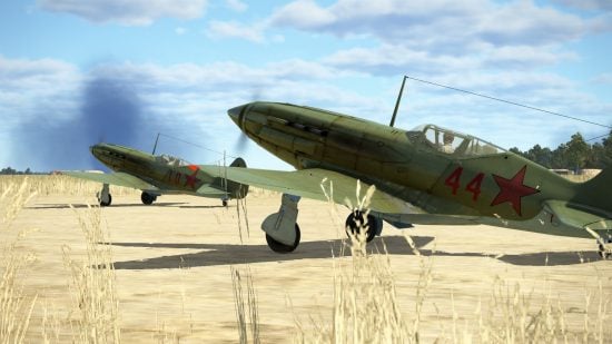 Best Combat Flight Simulators guide - Game Screenshot from IL2 Sturmovik showing Soviet fighter planes spinning up to takeoff
