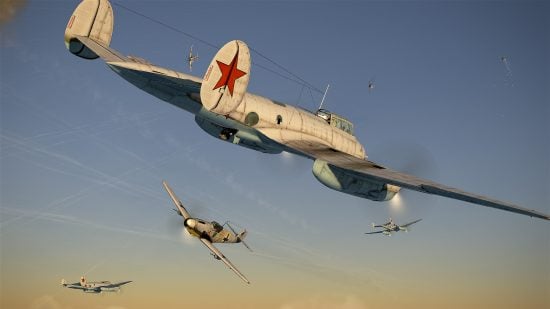 Best Combat Flight Simulators guide - Game Screenshot from IL2 Sturmovik showing a Soviet aircraft flying into a fight with German fighters at sunset