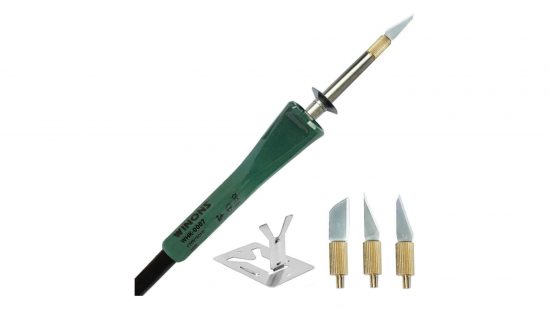 The best hobby knife - WINONS hot knife cutting tool, an unusual tool with a plastic body, metal neck tipped by a knife, electricity cable,, pictured with three spare blade tips and a small stand