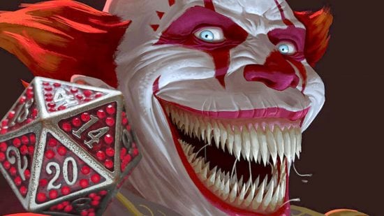 Best horror DnD one shots guide - one shot creator's artwork showing a terrifying clown with a huge mouth full of razor sharp teeth - with a Wargamer image of a red, black, and silver metal D20 overlaid