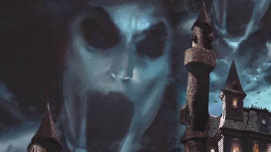 Best horror DnD one shots guide - one shot creator's artwork showing a huge, screaming, ghostly face in the sky above a castle tower