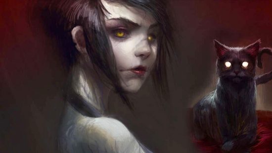 Best horror DnD one shots guide - one shot creator's artwork showing a pale female character looking over her shoulder, and a black cat with glowing eyes