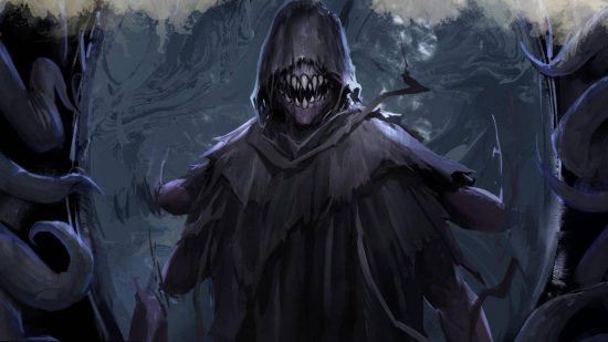 Best horror DnD one shots guide - one shot creator's artwork showing a hooded figure in a black cloak, its face only showing a wide, open mouth with many large fangs