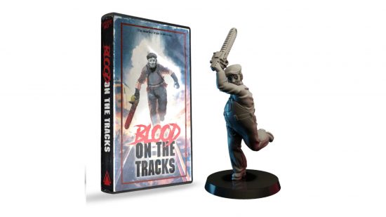 The best horror wargames - "Blood on the Tracks" expansion for Don't Look Back, a 3d sculpt of a man running with a chainsaw beside a VCR case for a fake movie starring the same killer