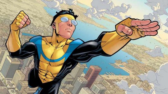The best Image Comics - the superhero Invincible flies through the air wearing a black, blue and yellow bodysuit