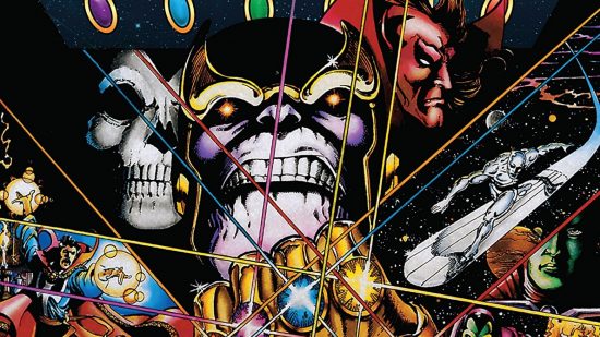 Best Marvel Comics - a complex scene showing thanos with the infinity gauntlet, surrounded by other characters.