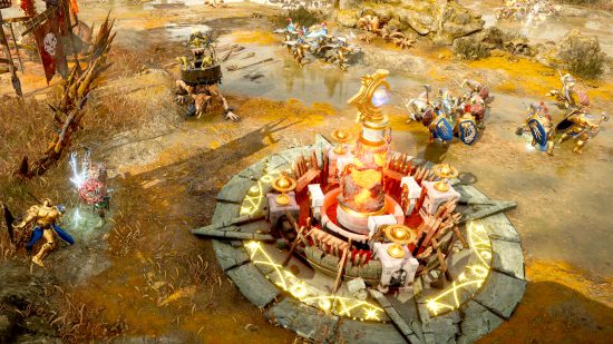 Best RTS games guide - Warhammer Age of Sigmar Realms of Ruin screenshot showing Stormcast Eternals and Kruleboyz fighting over a resource point
