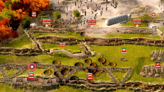 Best RTS games guide - The Great War Western Front screenshot showing a defensive trench line with artillery guns and a recon balloon