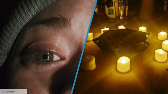 Lionsgate image of a tearful eye from the Blair Witch Project and a circle of ten electric candles on a table