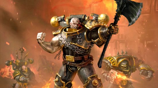 Warhammer 40k Chaos Space Marine legion rules - Warsmith Honsou from the cover art to the Storm of Iron reprint, a Chaos Space Marine in silver and gold armor, wielding a power axe in one hand, his other arm bare and strangely silver