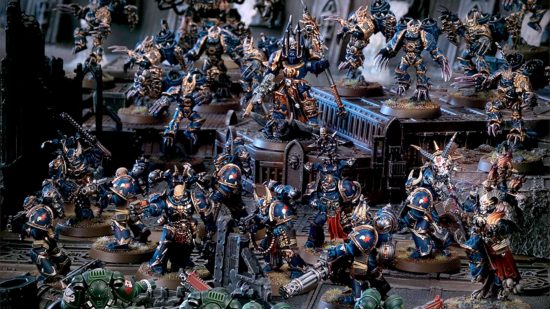 Warhammer 40k Chaos Space Marine legion rules - a force of Night Lords in dark blue and gold armor, a large force of infantry supported by jump-pack wearing raptors and warp talons