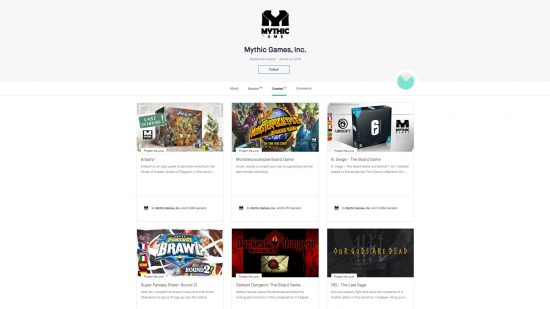 Mythic Games Kickstarter profile page