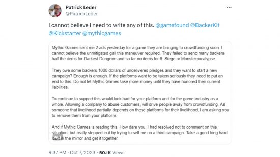 Darkest Dungeon board game Mythic Games tweet from Patrick Leder