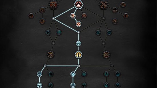 Warhammer 40k Darktide character Talent tree for the Ogryn - connected and branching nodes connecting symbols, some of them illuminated