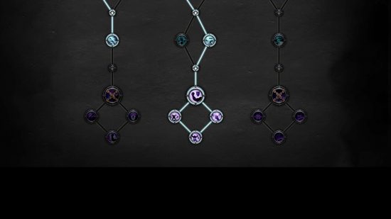 Warhammer 40k Darktide character Talent tree for the Ogryn - connected and branching nodes connecting symbols, some of them illuminated