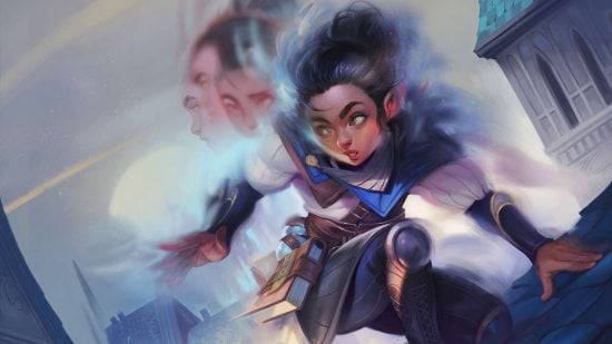 DnD character builds, a Halfling thief crouches on a rooftop, their outline blurred by magic - illustration by Dave Greco for the MTG card Blur