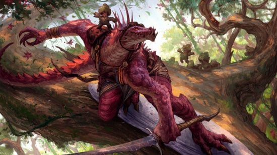 DnD character builds, Lizardfolk Scout - a red lizardman surfs down the branches of a huge tree on a board - illustration by Andrew Mar for the Magic the Gathering card Viashino Branchrider