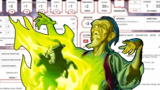 DnD character creator - Wizards of the Coast art of a man conjuring visions in a flame, with a DnD character sheet in the background