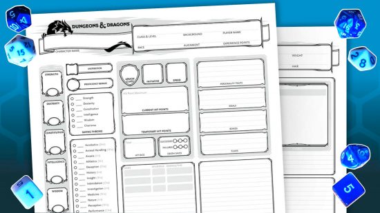 DnD character sheets 5e and blue and white D&D dice