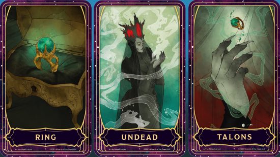 Wizards of the Coast image of three cards from the DnD Deck of Many Things: Ring, Undead, and Talon