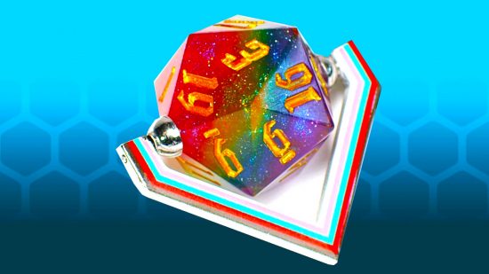 LGBTQ DnD dice holder with rainbow d20
