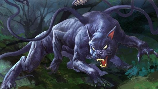 DnD Displacer Beast beard oil - a displacer beast in a forest background.