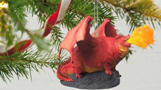 DnD Dragon tree ornament by Hallmark - Themberchaud, an enormously fat red dragon, sitting on a rock breathing fire, hanging from a tree