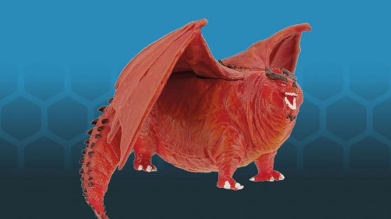 DnD Dragon tree ornament by Hallmark - Themberchaud, an enormously fat red dragon, standing with his mouth open as if breathing heavily