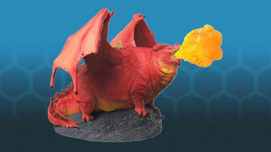 DnD Dragon tree ornament by Hallmark - Themberchaud, an enormously fat red dragon, sitting on a rock breathing fire