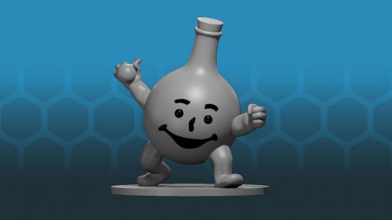 STL file for a DnD miniature of the Kool Aid Man, a potion bottle with a smiley face, legs, and arms, designed by Miguel Zavala