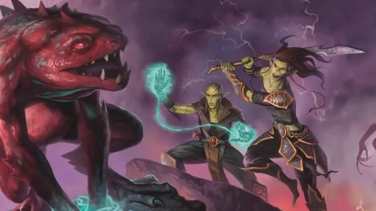 DnD Planescape 5e review - Wizards of the Coast art of two githzerai fighting a slaad