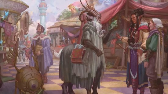 DnD Planescape 5e review - Wizards of the Coast art of a busy market in Sigil