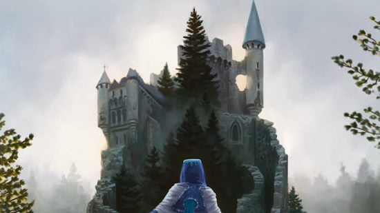 DnD playtest bastions - a disney-style castle, with a woman walking towards it.