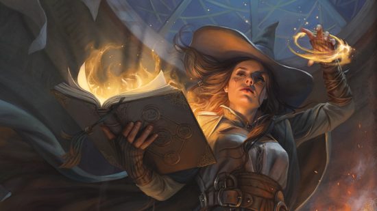 DnD Playtest Cantrips - A witch casting a spell from a book