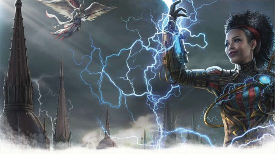 DnD therapy - an Artificer captures lightning on a stormwracked rooftop