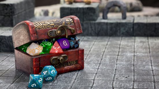 DnD therapy - a small dice chest with dice spilling out of it