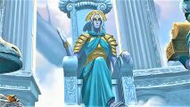 DnD therapy - a cloud giant in a teal dress in repose on a throne