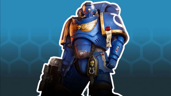 Games Workshop webstore overhaul - a Blue-armoed Ultramarines Space Marine in fully enclosed power-armor, silhouetted in white against a blue background