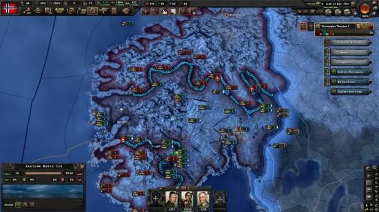 Hearts of Iron 4 Arms Against Tyranny DLC review - Author screenshot showing a shifting battlefront of a war in Norway
