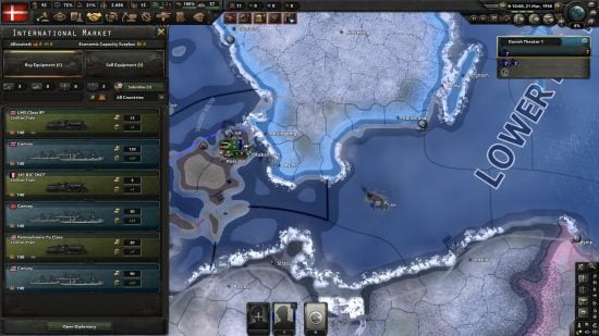 Hearts of Iron 4 Arms Against Tyranny DLC review - Author screenshot showing the new International Arms market system, with different models of technology for sale including trains and convoy ships