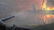 Hearts of Iron 4 Arms Against Tyranny DLC review - Paradox artwork showing a coastal gun firing at a sinking ship on fire