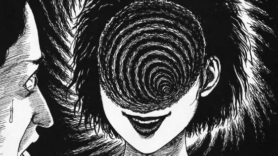 The best horror comics - an illustration from Uzumaki: Spiral into horror, a girl whose entire upper head is consumed by a spiral into nothingness