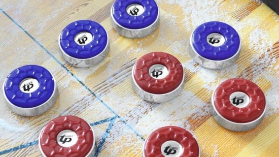 How to play shuffleboard - four red and four blue table shuffleboard disks