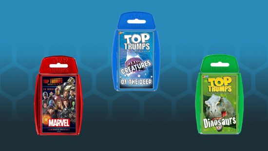 How to play Top Trumps - an image of three packs of Top Trumps on the Wargamer background