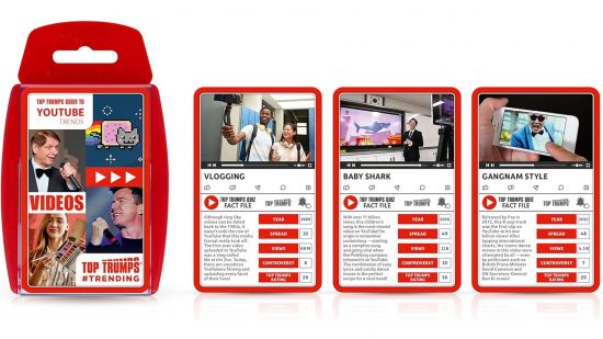 How to play top trumps - a pack of YouTube trends Top Trumps cards, next to three of its cards